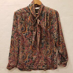 Allfred Dunner Long Sleeve Button Down Top with Neck Bow with Paisley Print